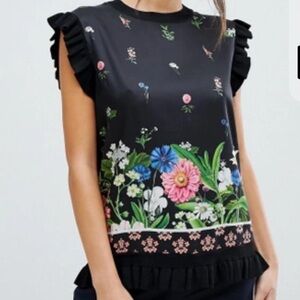 Ted Baker Myshell Black Florence Floral Ruffle Trim Sleeveless Knit Blouse 4 M